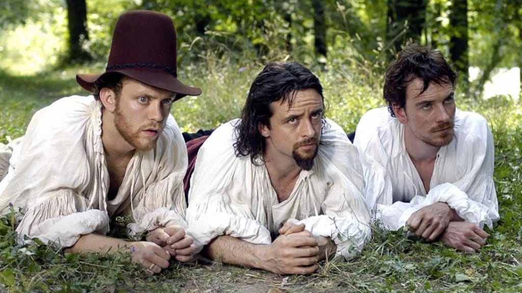 Sam Troughton as Thomas Winter, Richard Harrington as Thomas Percy and Michael Fassbender as Guy Fawkes in a scene from the BBC production, Gunpowder, Treason and Plot: James I