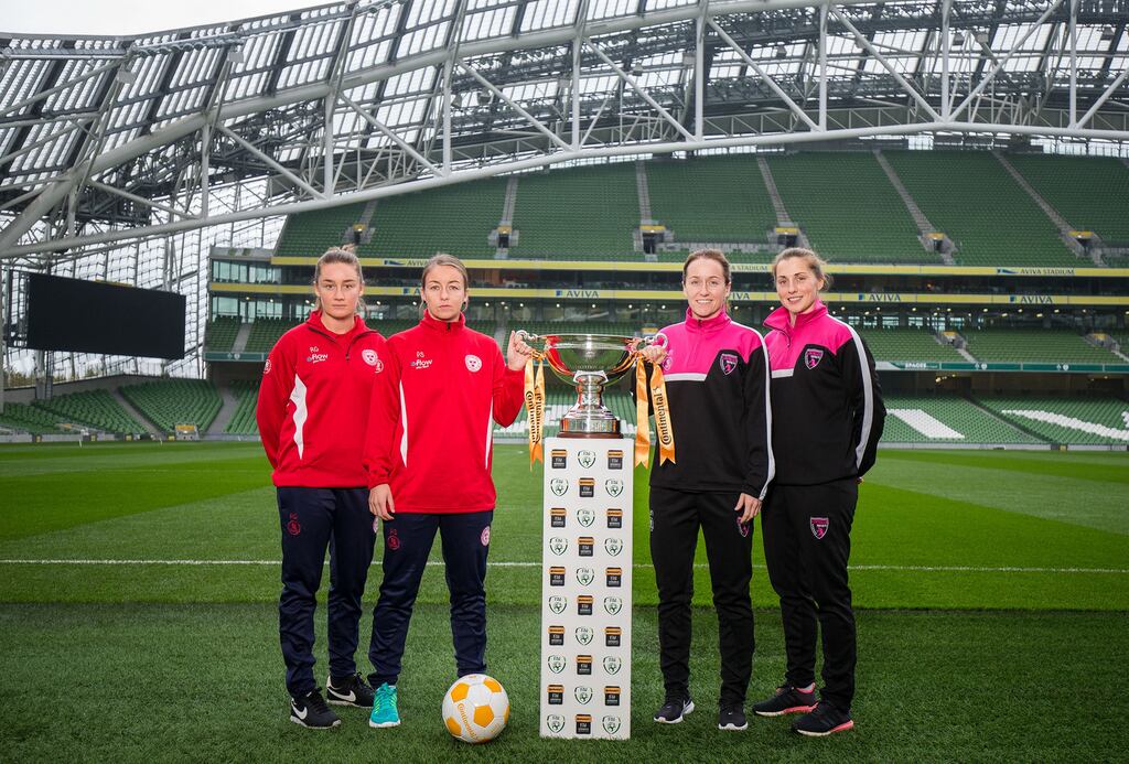 Rachel Graham and Pearl Slattery of Shelbourne with Kylie Murphy and Rachel Graham of Wexford Youths. Photograph: Gary Carr/Inpho