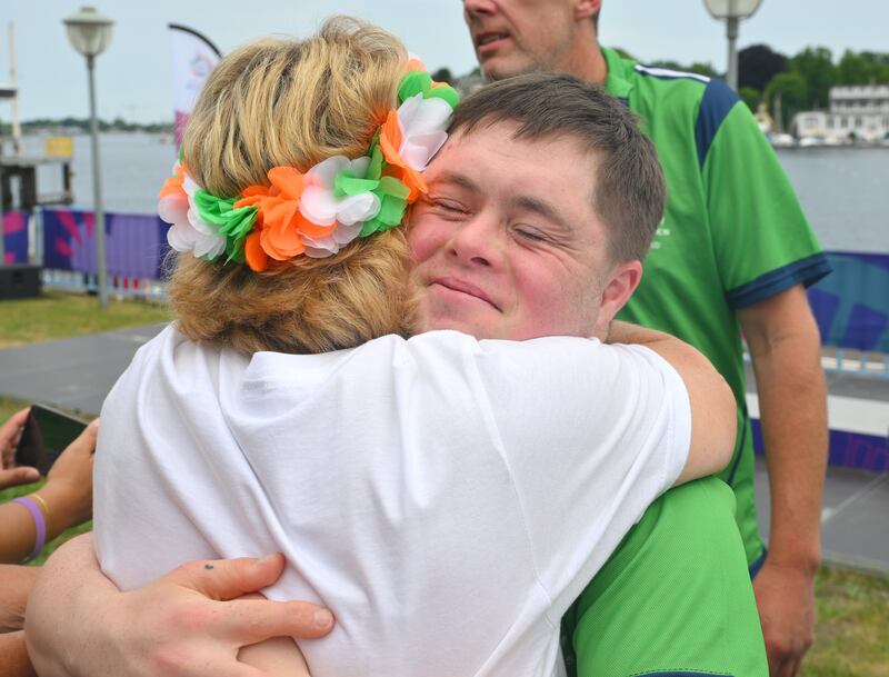 Team Ireland's Cian Kelleher, from Mallow, Co Cork, with his mother Claire after winning a silver medal in the men's kayaking event at the Special Olympics World Games in Berlin. Photograph: Ray McManus/Sportsfile