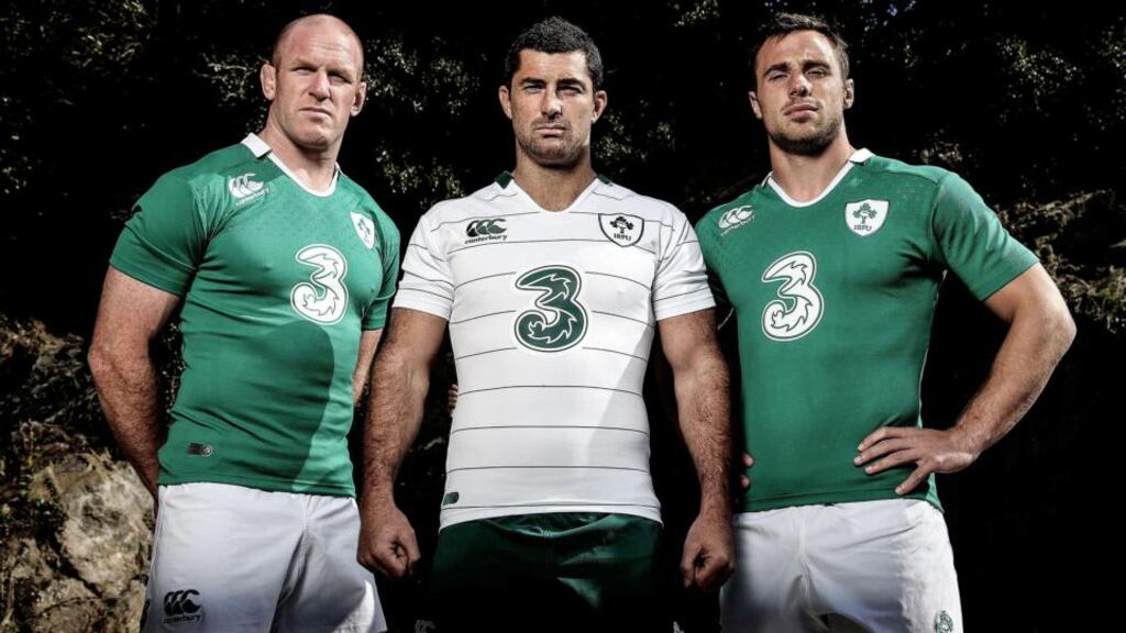 Paul O’Connell, Rob Kearney and Tommy Bowe in Ireland’s new home and alternate kits. Photograph: Dan Sheridan/INPHO