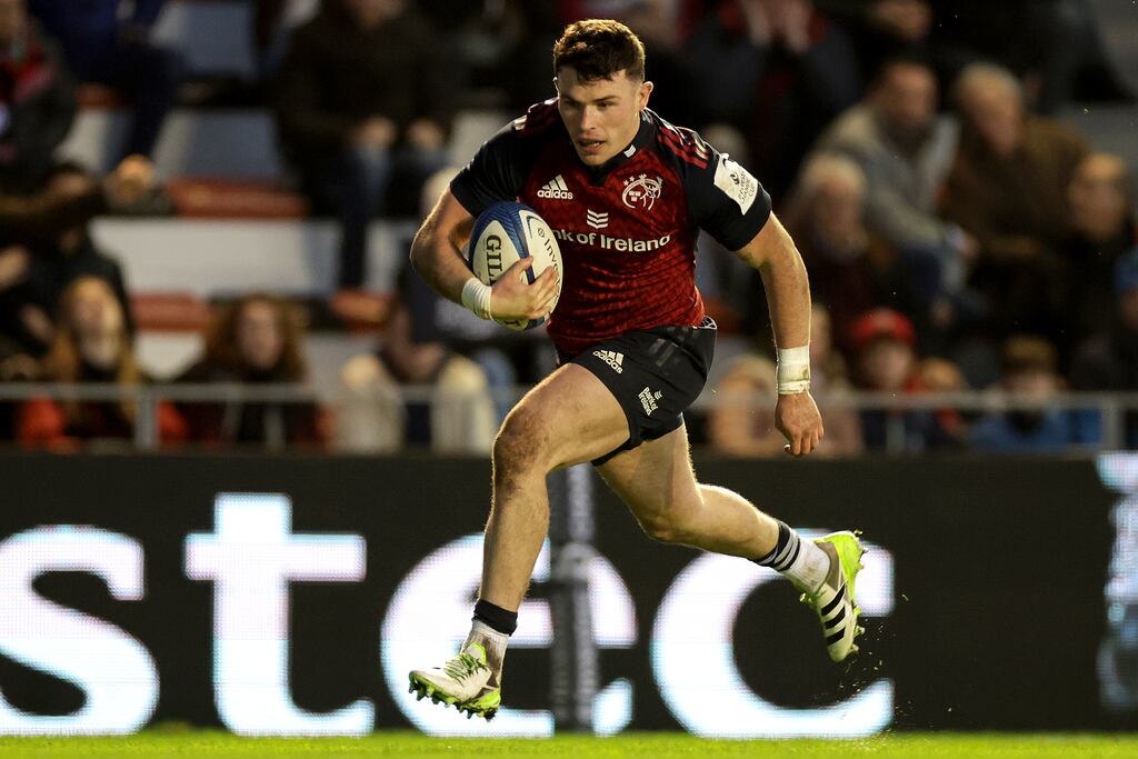 Calvin Nash runs in Munster's fourth try during the Investec Champions Cup match against Toulon at Stade Felix Mayol. Photograph: Laszlo Geczo/Inpho