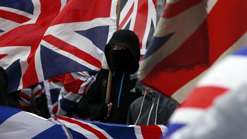 Loyalist protesters demonstrate against restrictions on flying Britain’s union flag from Belfast City Hall in central Belfast in 2013. File photograph: PA