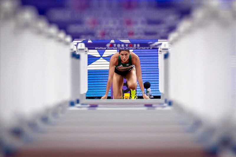 Ireland’s Kate O’Connor at the start of the 100m hurdles. Photograph: Morgan Treacy/Inpho