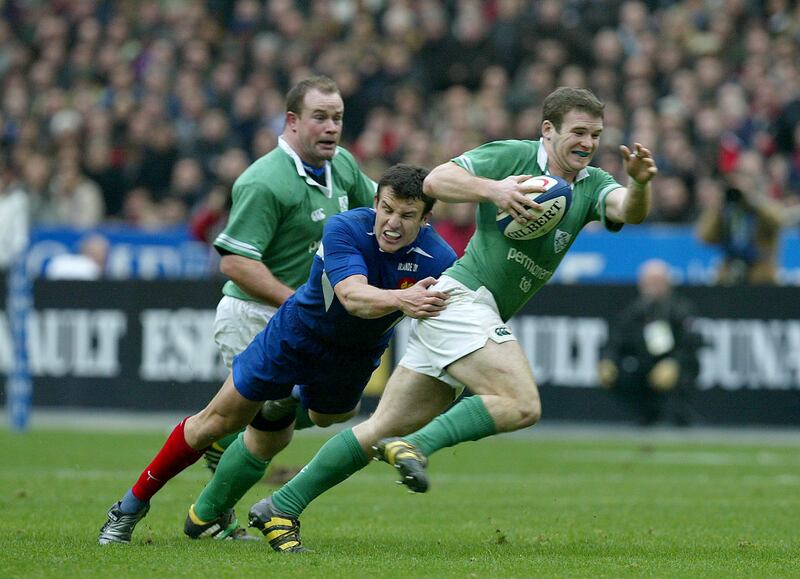 Ireland's Gordon D'Arcy and Frankie Sheahan with Damien Traille of France during the 2004 Six Nations clash in Paris. Photograph: Morgan Treacy/Inpho