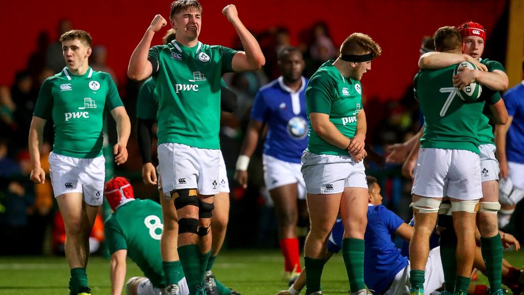Ireland’s Charlie Ryan celebrates at the full-time whistle of the Under-20 Six Nations match against France at Musgrave Park. Photograph: Oisín Keniry/Inpho
