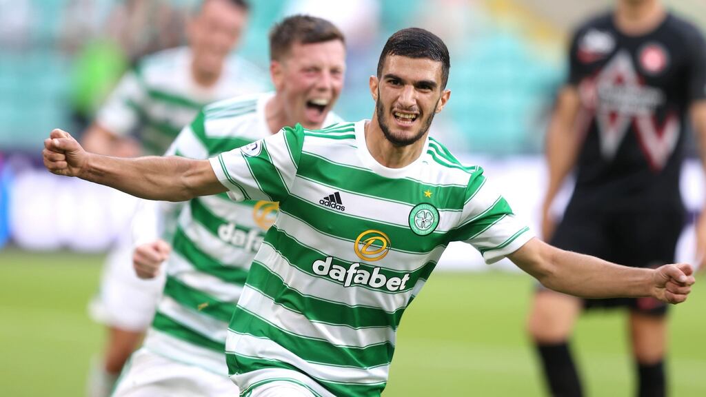 Celtic’s Liel Abada celebrates scoring against FC Midtjylland at Celtic Park. Photograph: Jeff Holmes/PA