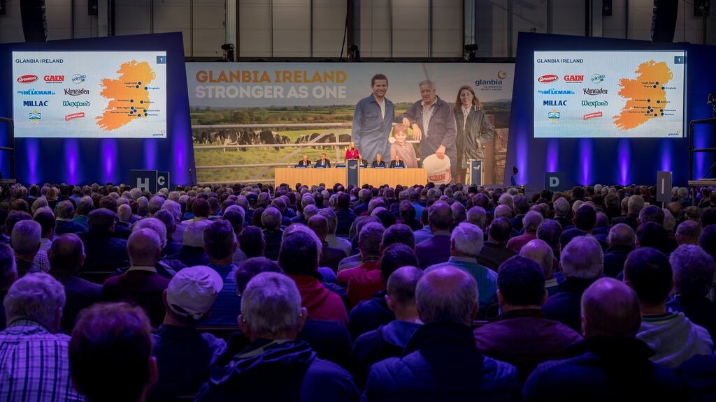Siobhan Talbot, Glanbia group managing director, speaking at the Glanbia Co-Op Special General Meeting at Punchestown Event Centre in Co. Kildare. Photograph: Dylan Vaughan.