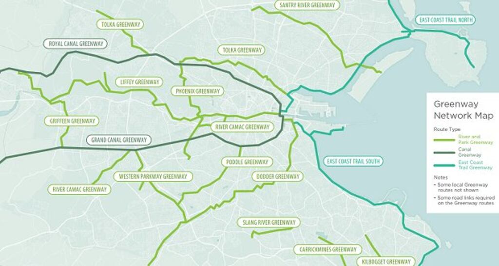 A map showing the proposed map of greenway  off road routes  through parks and along waterways. Image: National Transport Authority