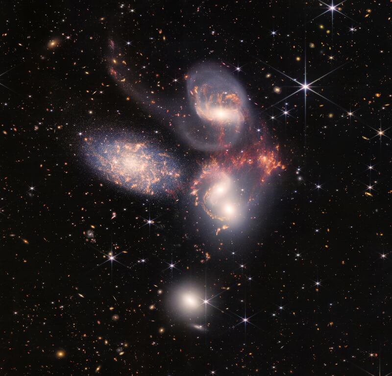 Stephan’s Quintet captured by the James Webb Space Telescope. Photograph: Nasa
