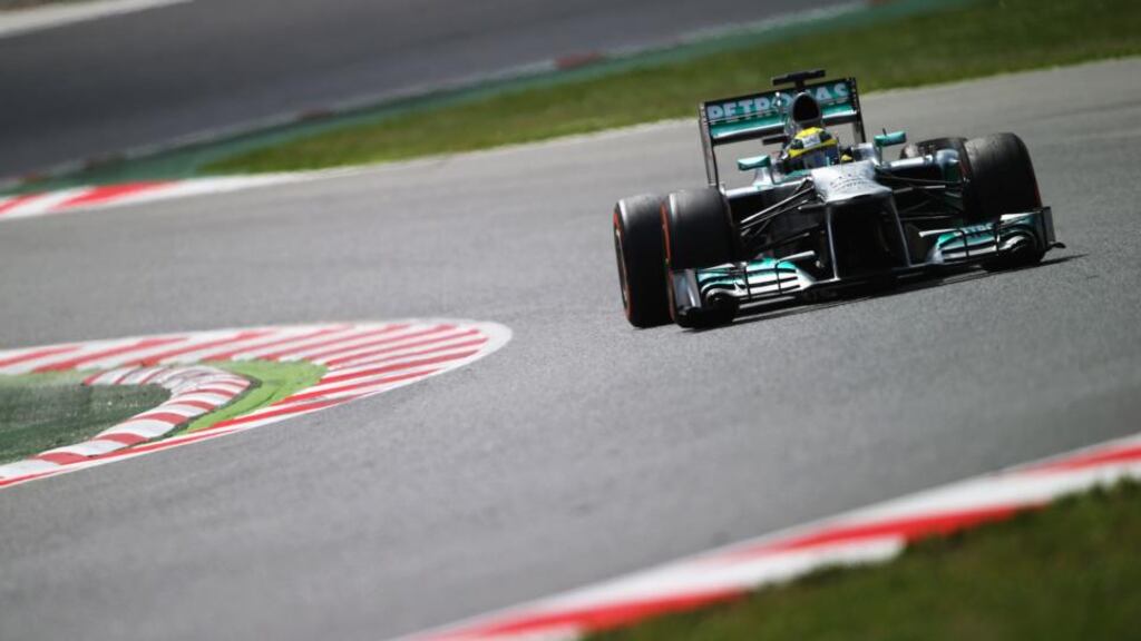 Mercedes driver Nico Rosberg in action  at  the Circuit de Catalunya. Photograph:   Clive Rose/Getty Images