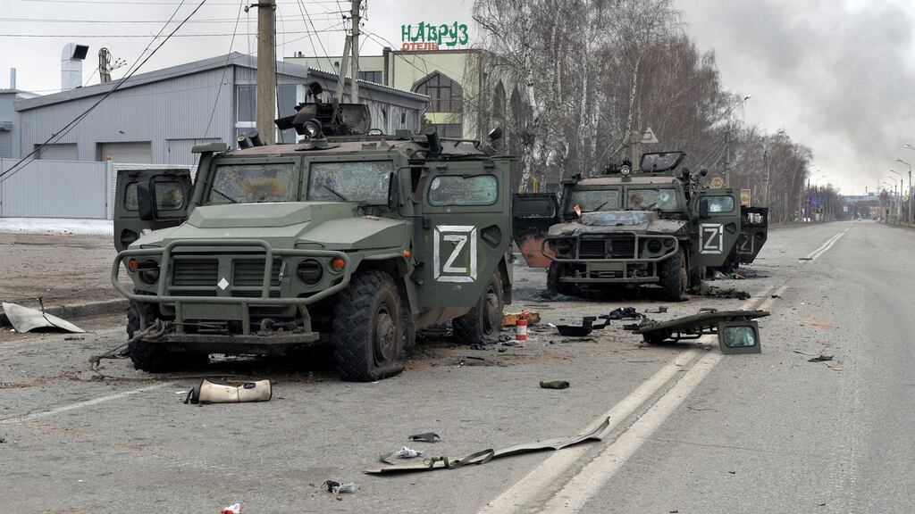 Russian infantry mobility vehicles destroyed as a result of fighting in Kharkiv, located some 50km from Ukrainian-Russian border. Photograph: Sergey Bobok/AFP via Getty Images