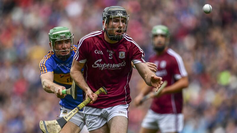 Pádraig Mannion plays a handpass during Galway’s All-Ireland SHC semi-final clash with Tipperary. Photo: Sam Barnes/Sportsfile