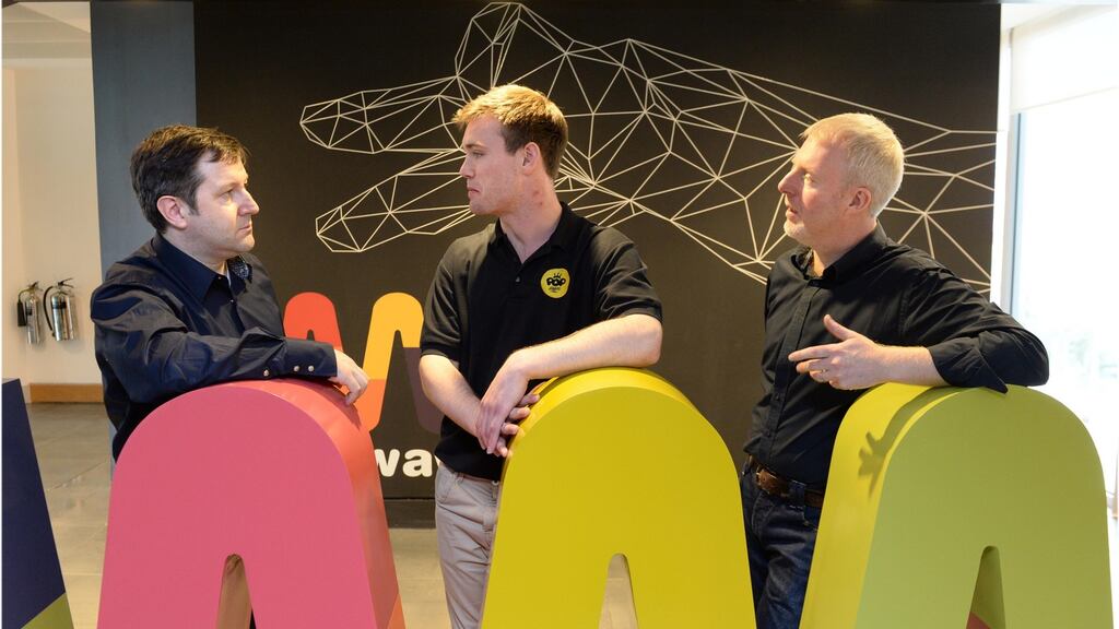 Karl Aherne (far right) of Red Planet with Liam Casey, chief executive of PCH, and Richard Whelan, chief executive of Popdeem. Photograph: Dara Mac Dónaill/The Irish Times