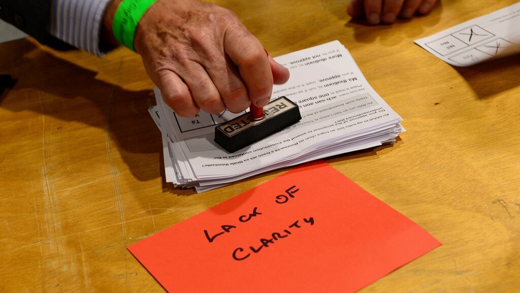 Rejected votes are seen at the RDS during the abortion referendum count. Photograph: Cyril Byrne/The Irish Times