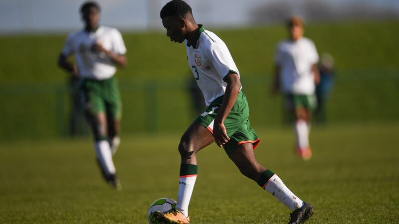 Tega Agberhiere in action for Ireland’s under-16s in 2018. Photograph: Sportsfile