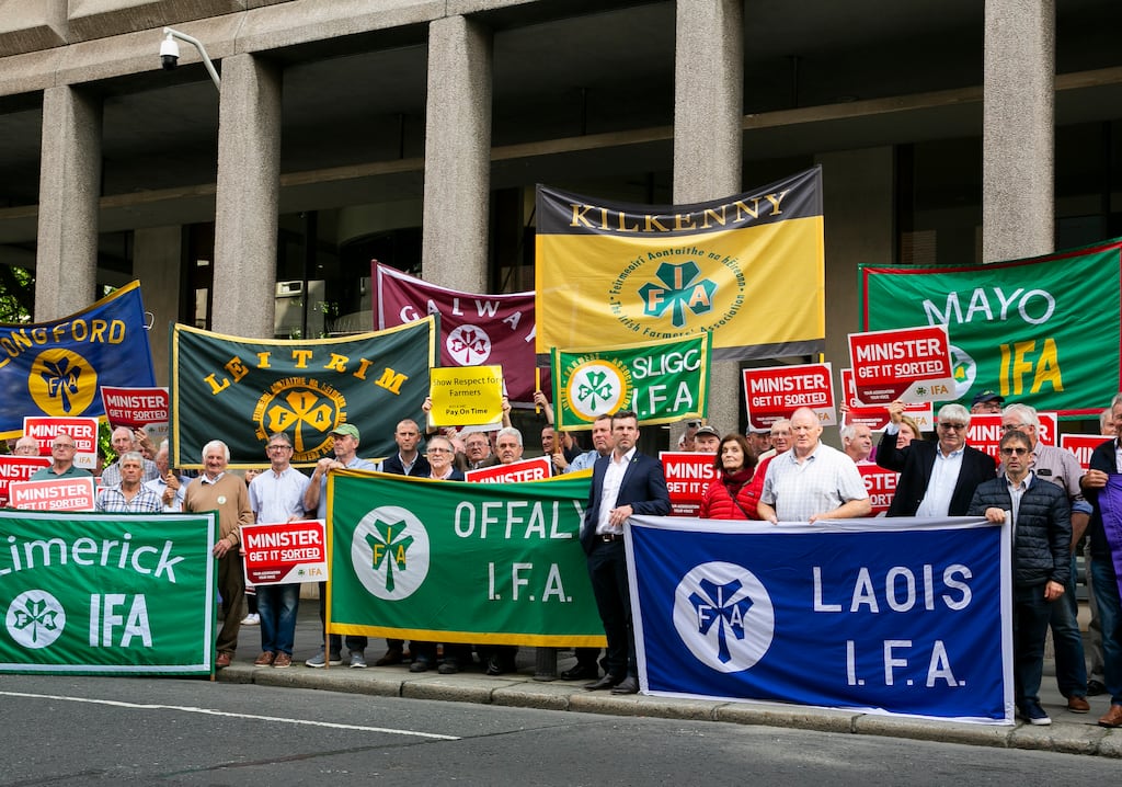 Farmers protesting outside the Department of Agriculture in late 2023 over changes to nitrates derogation limits. Photograph: Gareth Chaney/Collins Photos