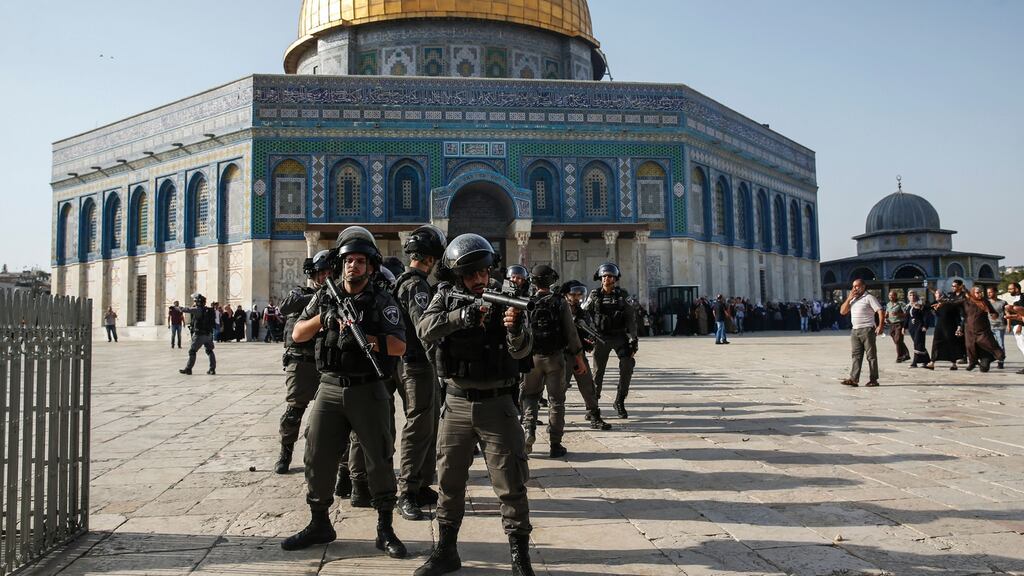 Israeli security forces in front of the Dome of the Rock in the Haram al-Sharif compound in the old city of Jerusalem: it has become normal in Israel to turn a blind eye to the occupation and the Palestinians themselves. Photograph: Ahmad Gharabli/AFP/Getty Images