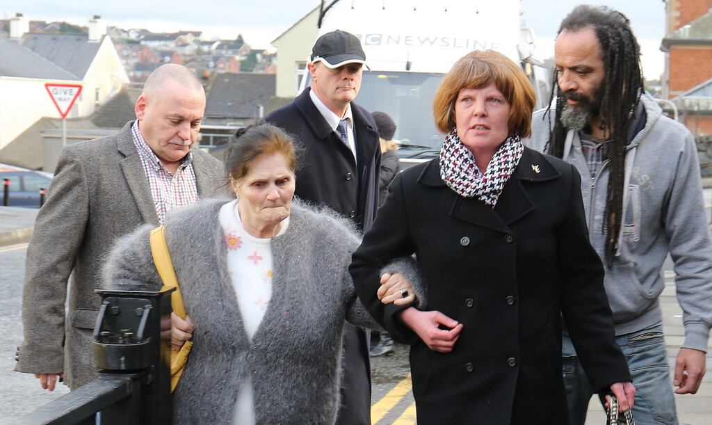 (left to right front) Margaret Luby and Caroline Magee, (let to right back) John Heaney, William Lynch, and Kenny McLaughlin arrive for the opening session of the independent Historical Institutional Abuse (HIA) Inquiry at Banbridge Court, Northern Ireland. Photograph: Paul Faith/PA Wire