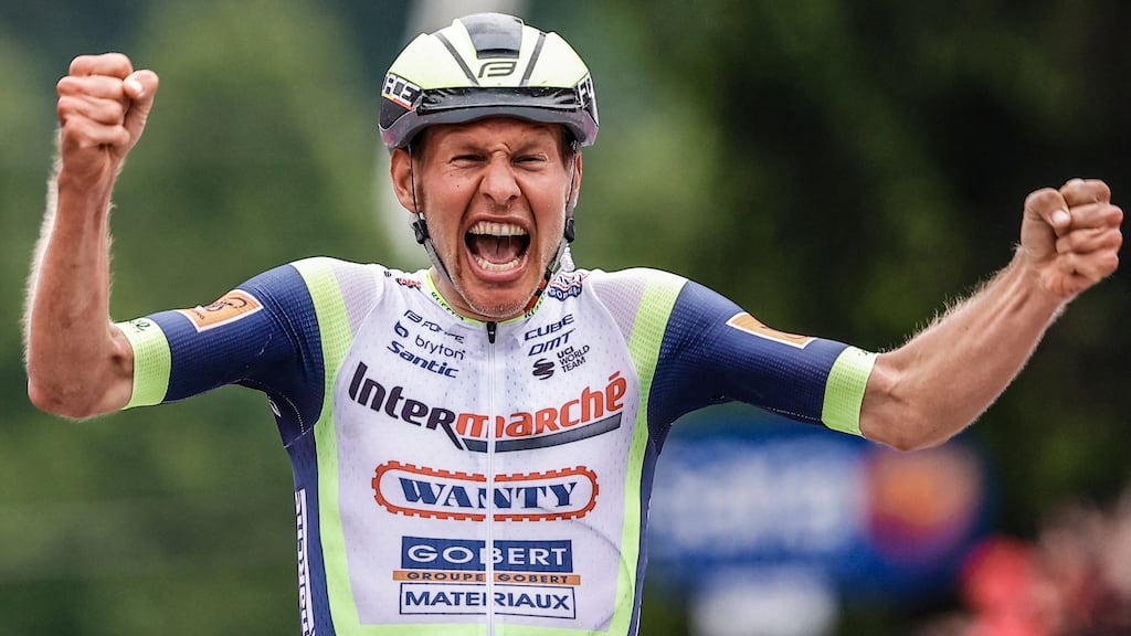 Team Wanty rider Taco Van der Hoorn from the Netherlands  reacts as he crosses the finish line to win the third stage of the Giro d’Italia from  Biella to  Canale in  Piedmont. Photograph:  Luca Bettini/AFP via Getty Images