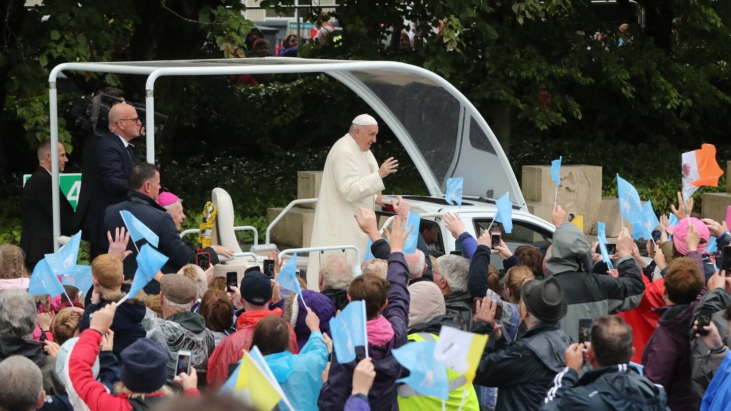 Pope Francis arrives for his visit to Knock Holy Shrine, in County Mayo to view the Apparition Chapel and to give the Angelus address. Photograph: Niall Carson/PA Wire