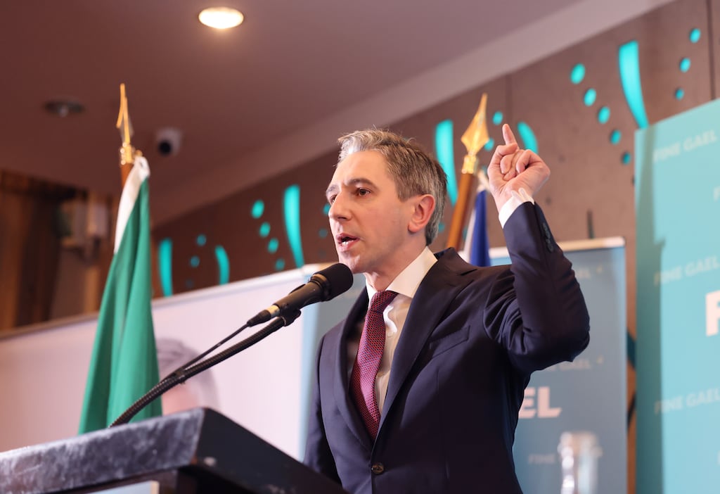 New Fine Gael leader, Simon Harris speaks at the party meeting in Athlone, Co Westmeath on Sunday. Photograph: Dara Mac Dónaill/The Irish Times