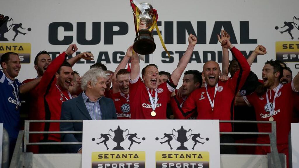 Sligo Rovers celebrate their Setanta Setanta Sports Cup Final win over Dundalk at Tallaght Stadium in May 2014. Photo: Donall Farmer/Inpho