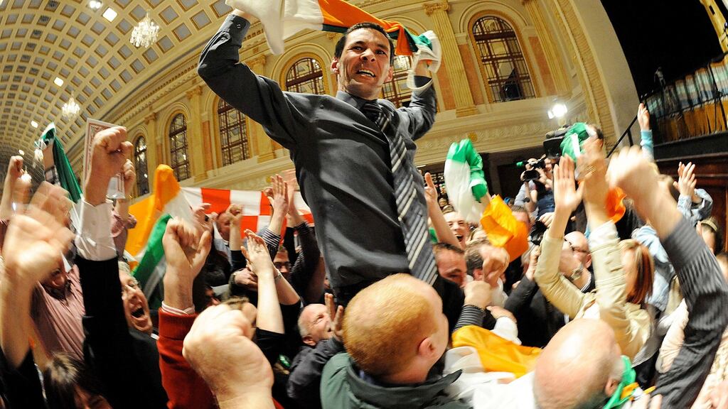 Jonathan O’Brien celebrates his election in Cork. Photograph: Billy MacGill