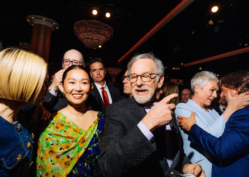 Together in the ballroom crush: Michelle Williams, Hong Chau, Steven Spielberg, Jamie Lee Curtis and Tom Cruise. Photograph: Sinna Nasseri/The New York Times
