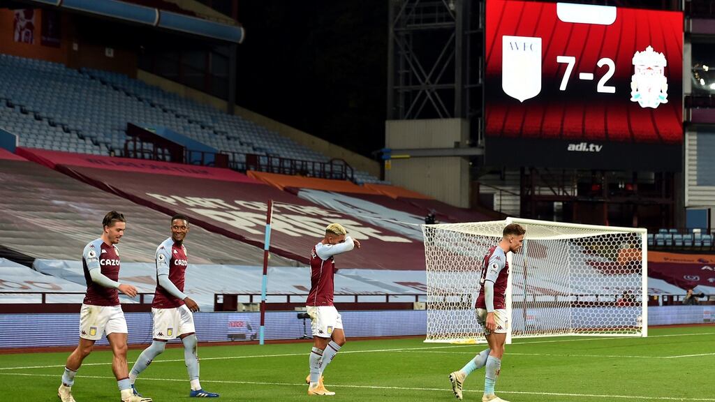 Aston Villa’s Jack Grealish celebrates scoring his side’s seventh goal during the Premier League win over Liverpool. Photo: Peter Powell/NMC Pool/PA Wire