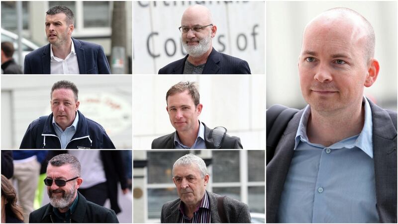 Paul Murphy (right) and six other men are charged with falsely imprisoning former Tánaiste Joan Burton during an anti-water charges protest three years ago. The other men (clockwise from top left) are: Scott Masterson, Michael Murphy, Kieran Mahon, Frank Donaghy, Ken Purcell and Michael Banks. Photographs: Collins