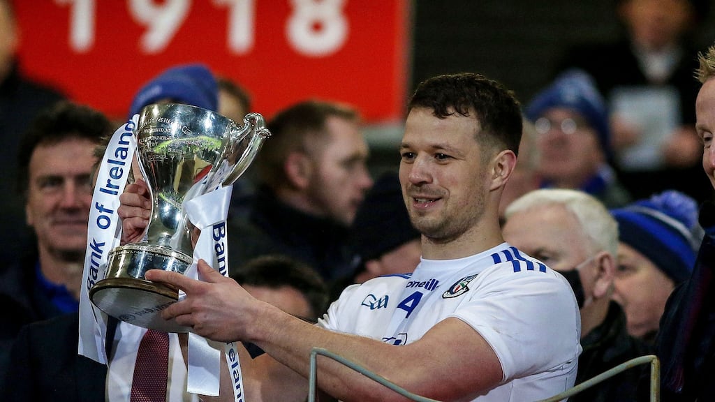 Monaghan captain Ryan Wylie lifts the Dr McKenna Cup. Photograph: Lorcan Doherty/Inpho