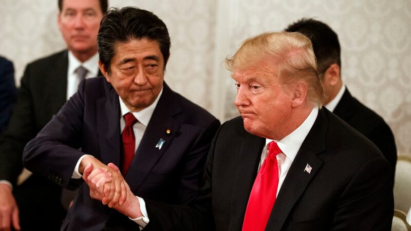 Japanese prime minister Shinzo Abe and US president Donald Trump at Akasaka Palace in Tokyo on Monday. Photograph: Evan Vucci/AP