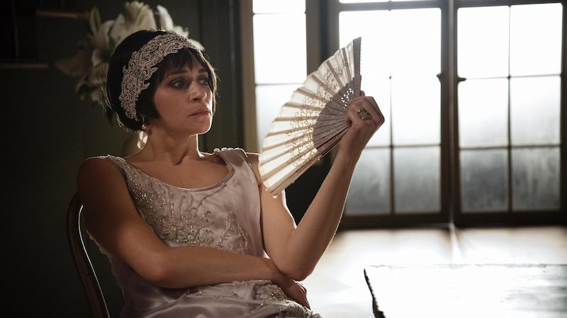 Daisy (Charlene McKenna): “Dress in bois de rose satin-backed crepe with a layer of ivory tulle and a panel of embroidery found in Soho with pieces cut out and reapplied on to the dress. This had to be painstakingly covered in tulle to protect the dress from catching on the claws of the rhinestones, ” says Peter O’Brien.Photograph: Agata Stoinska