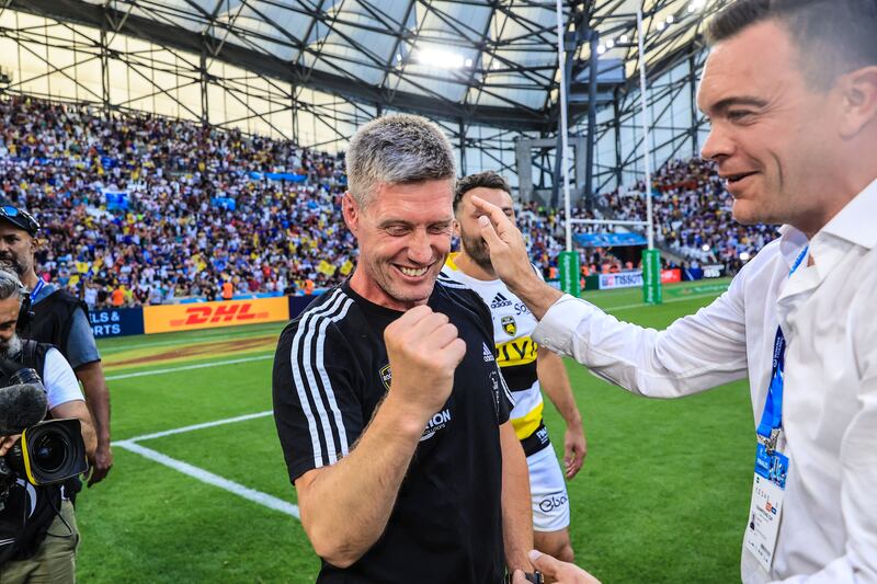 La Rochelle head coach Ronan O'Gara celebrates after the game. Photograph: Billy Stickland/Inpho