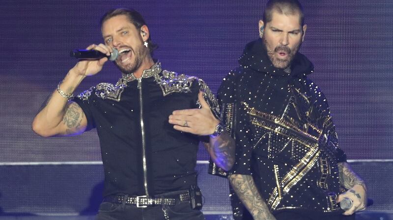 Keith Duffy and Shane Lynch of Boyzone on stage at the SSE Arena, Belfast, as part of the band’s Thank You & Goodnight farewell tour. Photograph: Niall Carson/PA Wire