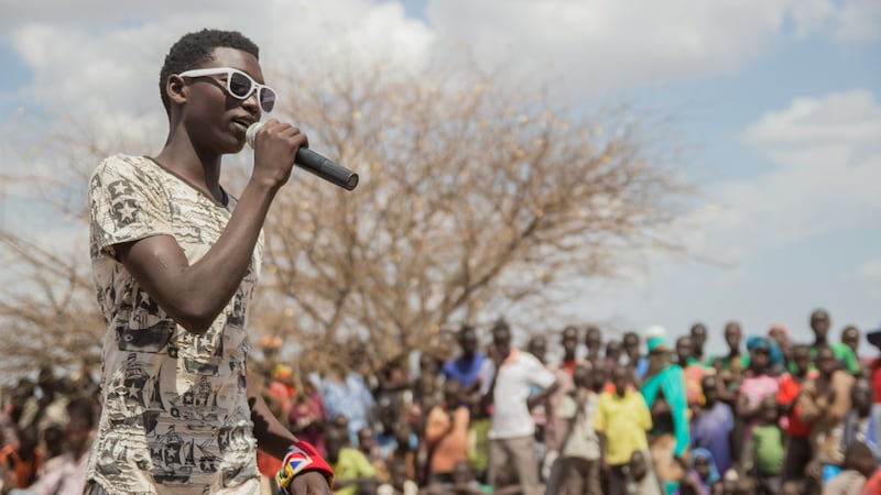 A rapper auditions for a talent show at the newly built Kalobeyi settlement, just outside the main Kakuma refugee camp. Photograph: Ruairi Casey