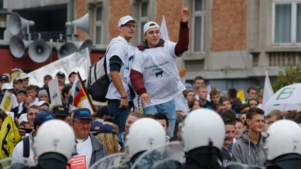 Thousands of farmers, many with their tractors, were gathering on the occasion of an European agriculture ministers council meeting to vent their anger over economic problems in the agriculture sector. Photograph: Olivier Hoslet/ EPA