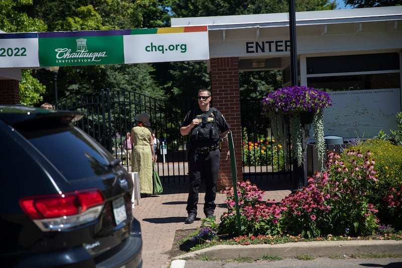 Police establish a perimeter around the Chautauqua Institution after author Salman Rushdie was attacked, in Chautauqua, New York. Photograph: Maddie McGarvey/The New York Times