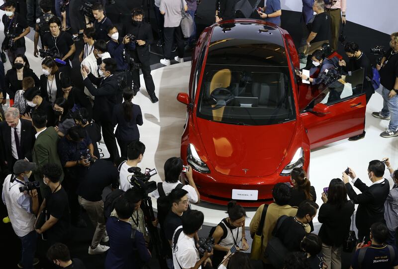 The Tesla Model 3 at its launch in Thailand earlier this month. Photograph: Narong Sangnak/EPA-EFE via Shutterstock
