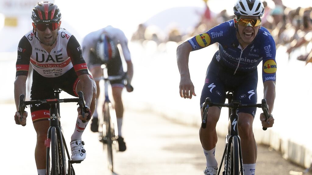 Portugal’s João Almeida of Portugal and Team Deceuninck-Quick-Step (right) celebrates after winning stage 2 of the Tour of Poland from Zamosc to Przemysl. Photograph: Bas Czerwinski/Getty Images