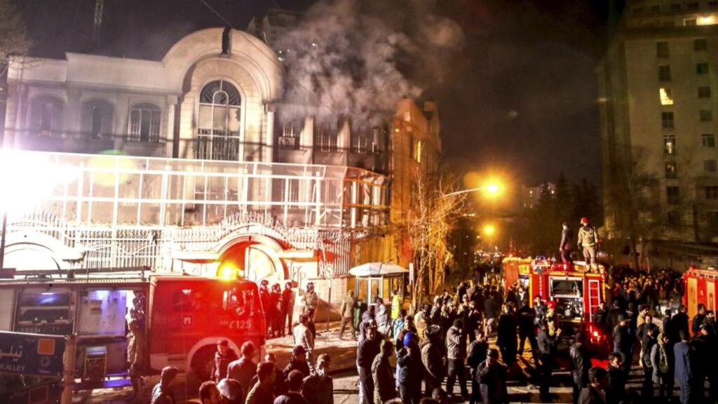 Flames rise from Saudi Arabia’s embassy during a demonstration in Tehran. Iranian protesters stormed the Saudi Embassy in Tehran early on Sunday  as Shia Muslim Iran reacted with fury to Saudi Arabia’s execution of a prominent Shia cleric. Photograph: Reuters