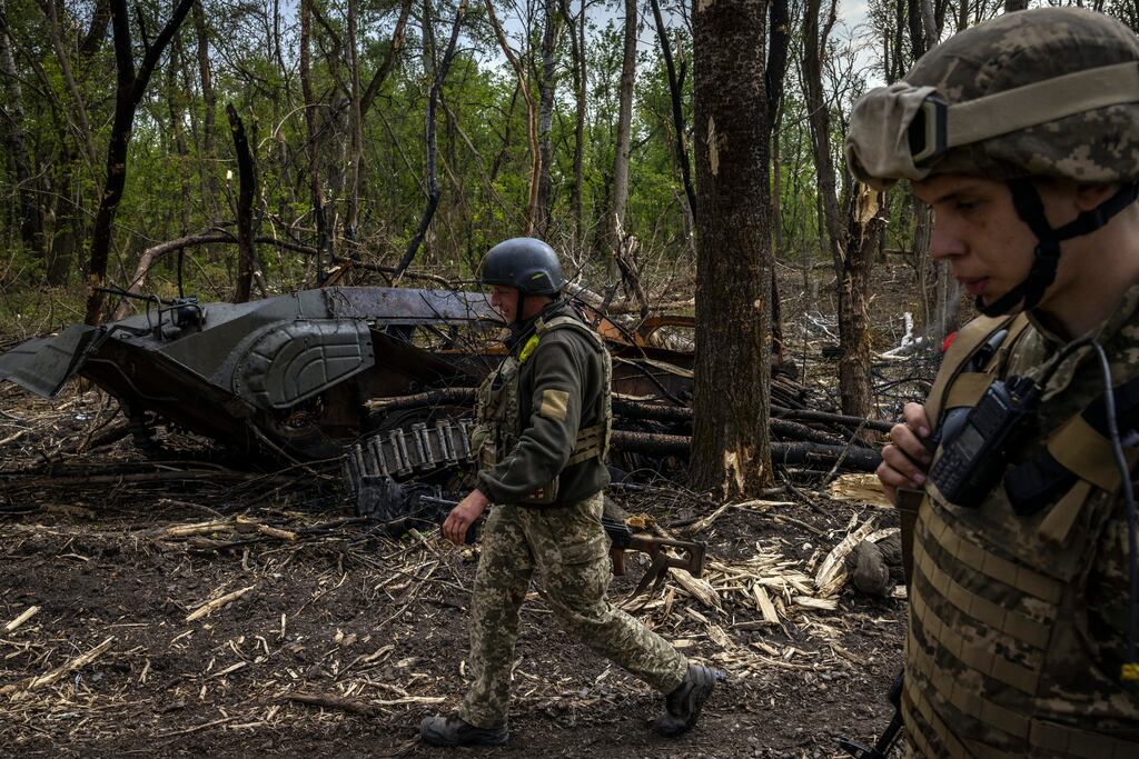 Destroyed Russian armoured vehicles not far from the Seversky Donets River near Sievierodonetsk, Ukraine, on May 24th. Photograph: Ivor Prickett/New York Times