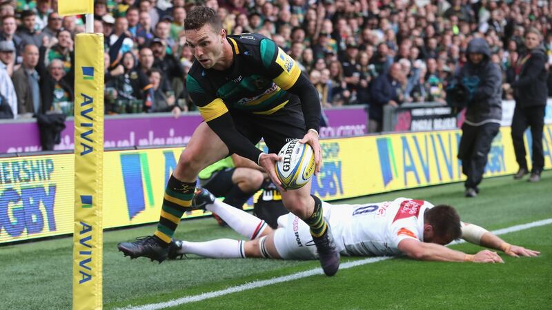 Dominic Ryan of Leicester lies injured after he tried to tackle George North during the fateful Aviva Premiership match against Northampton Saints at Franklin’s Gardens. Photograph: David Rogers/Getty Images)