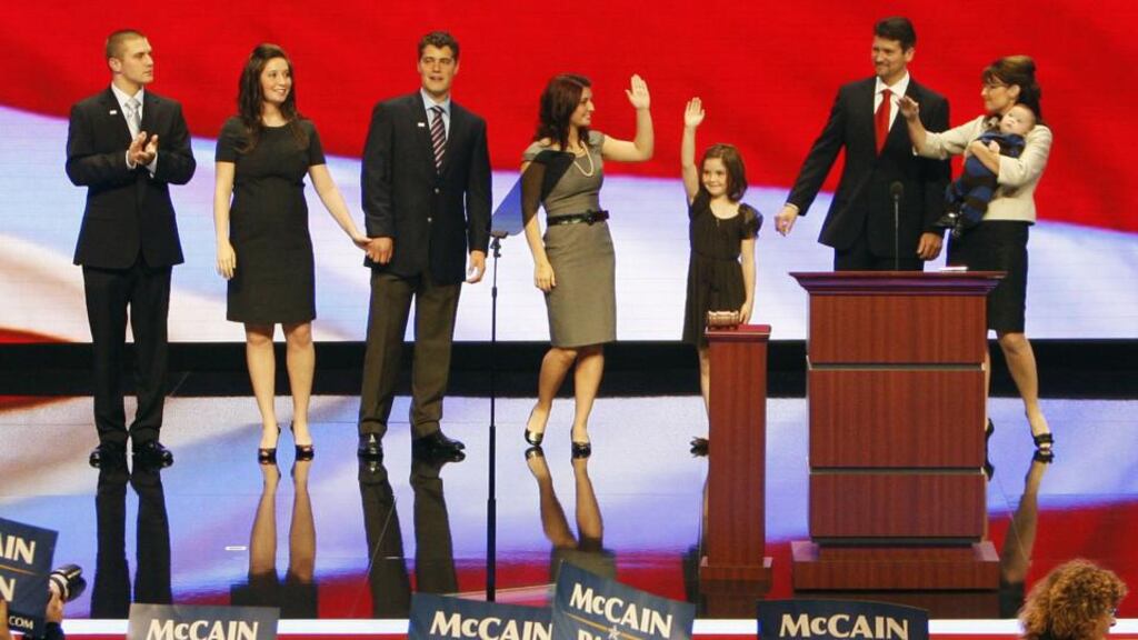 2008: Track Palin (far left) joins his mother, Republican vice presidential candidate, Sarah Palin on stage after her speech at the Republican National Convention. Photograph: AP/Ron Edmonds