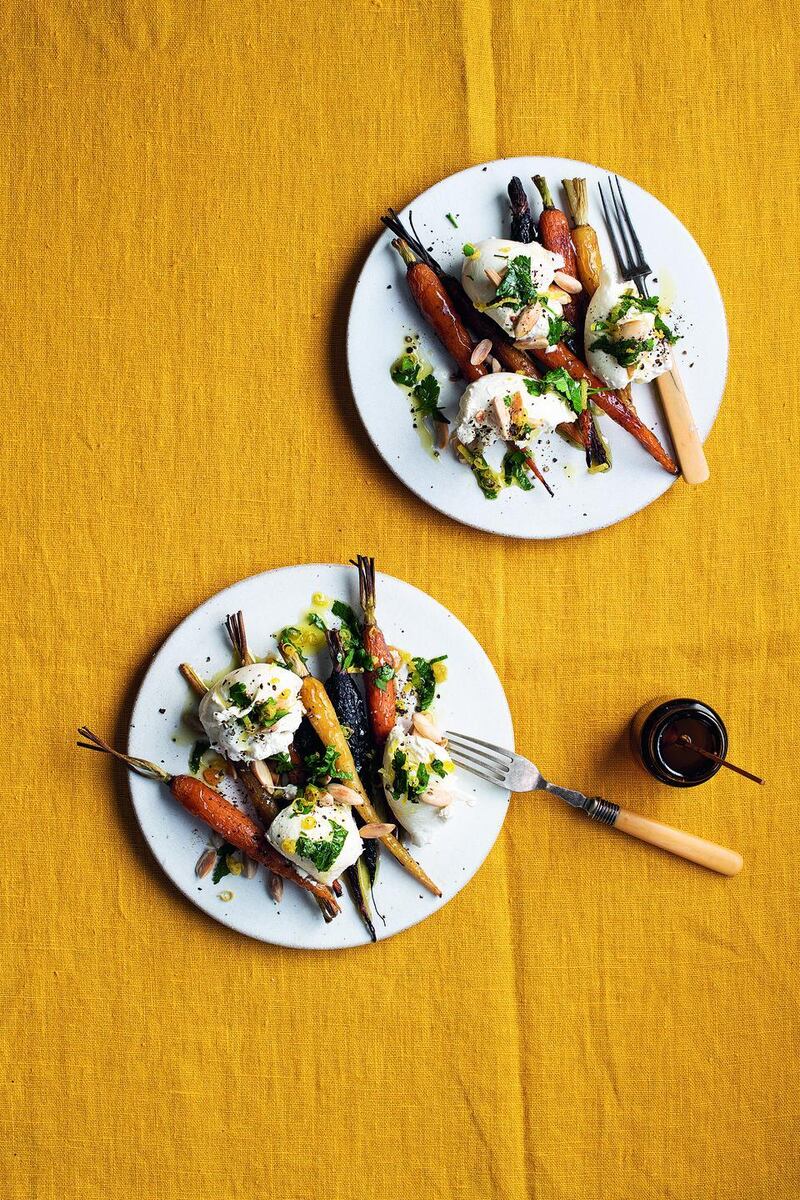 Honey-roasted carrots with torn burrata and salsa rustica