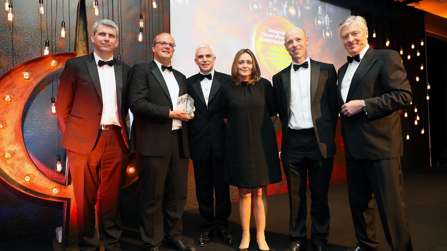 Tony Dempsey, Philip Brown and Joe Kelly were the winners of the Best Presentation award for their presentation on the design and construction of the Rosie Hackett Bridge. The award was presented and sponsored by Tara Cosgrove of Beale & Company, and Graeme Tinney of Griffiths & Armour. Also pictured is broadcaster and MC Pat Kenny.