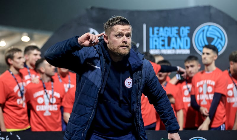 Some boyo: Shelbourne manager Damien Duff celebrates winning the title in November. Photograph: Dan Sheridan.