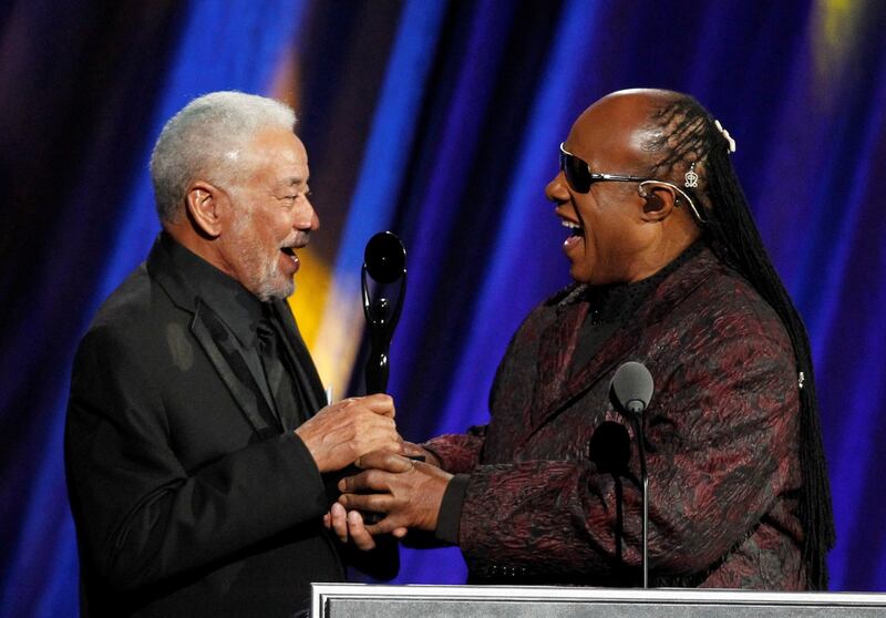 Bill Withers: the Lovely Day singer being inducted into the Rock and Roll Hall of Fame by Stevie Wonder in 2015. Photograph: Aaron Josefczyk/Reuters