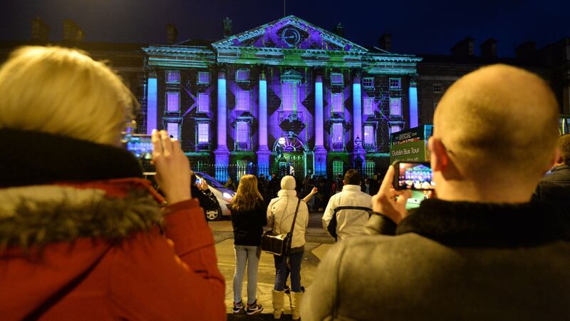 Trinity College Dublin is lit up for Luminosity. Photograph; Dara Mac Dónaill