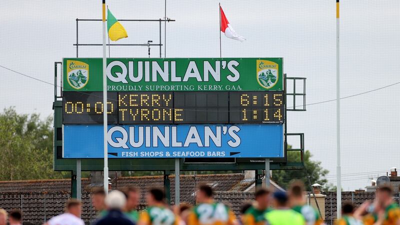 The scoreboard in Killarney tells the story of a forgettable day for Tyrone after Kerry hammered them in the Division One semi-final at Fitzgerald Stadium in June. Photograph: James Crombie/Inpho
